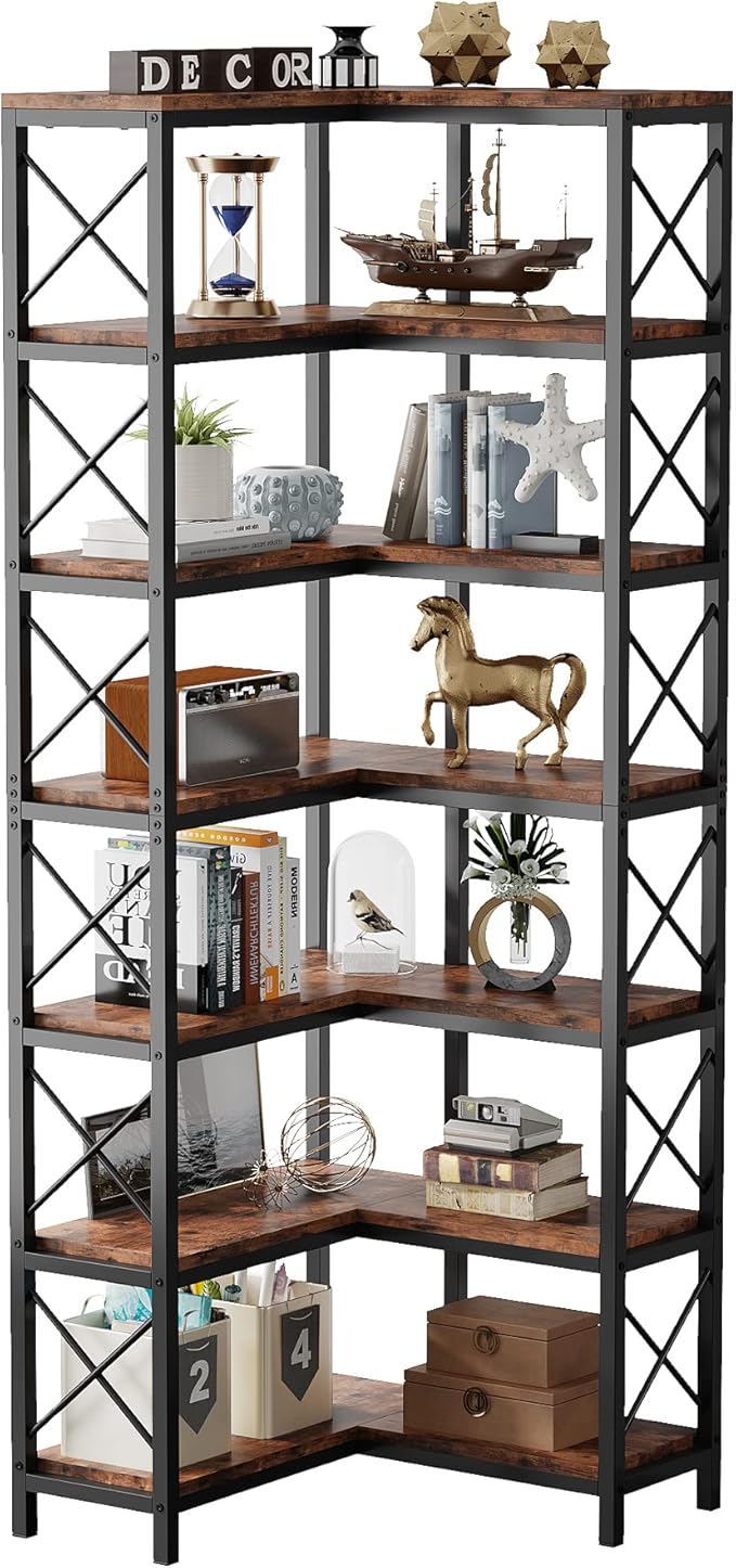 Tribesigns 7-Shelf Corner Bookshelf,Large Modern Corner Bookcase, 7-Tier Tall Corner Shelf Storage Display Rack with Metal Frame for Living Room Home Office (Rustic Brown)