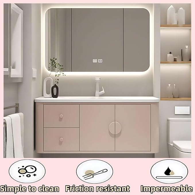 44IN Pink Modern Bathroom Vanity - Bathroom Vanities Set with 2 Drawers Wall Mounted | Rounded Corner Smart Defogging Mirror Cabinet with Lighting & Time Display, Side Opening Storage Shelf (Style A)