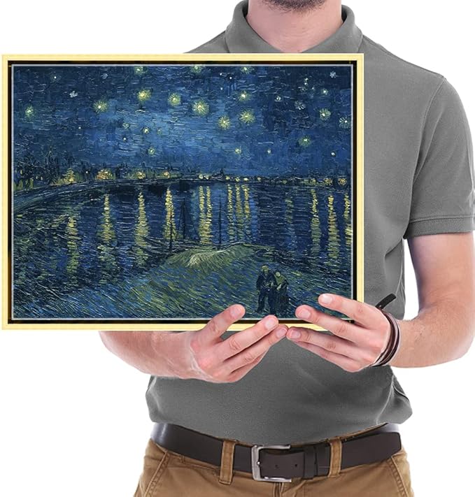 Wieco Art Framed Art Canvas Prints of Starry Night Over The Rhone Canvas Prints Wall Art by Van Gogh Paintings Reproduction Abstract Artwork for Living Room Wall Decor Golden Frame