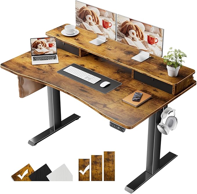 Veken 47.2"×27.6" Standing Desk with Storage Drawers, Adjustable Height Computer Table with Monitor Shelf, Home Office Desk for Study, Gaming, Workstation, Brown