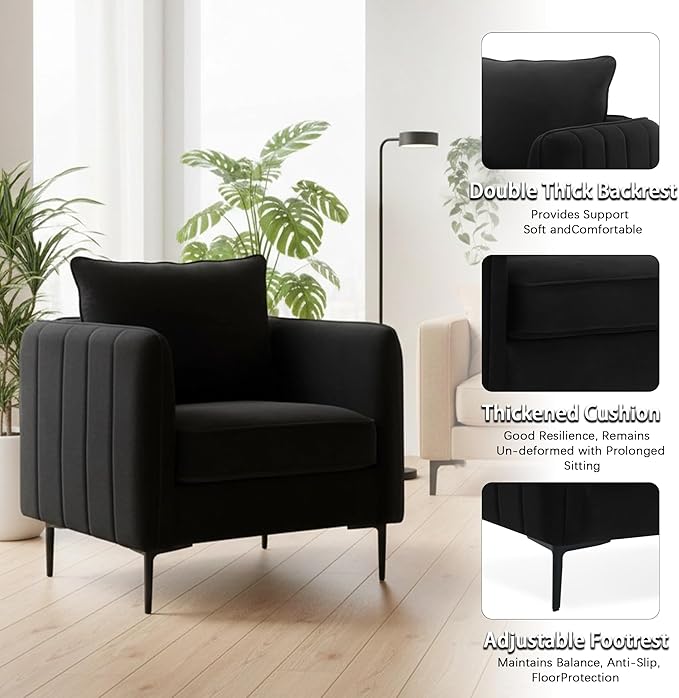 Velvet Accent Chair, Comfy Upholstered Single Sofa Chair Mid-Century Modern Armchair with Thick Cushion and Wood Frame Side Chair for Living Room Bedroom Apartment (Black)