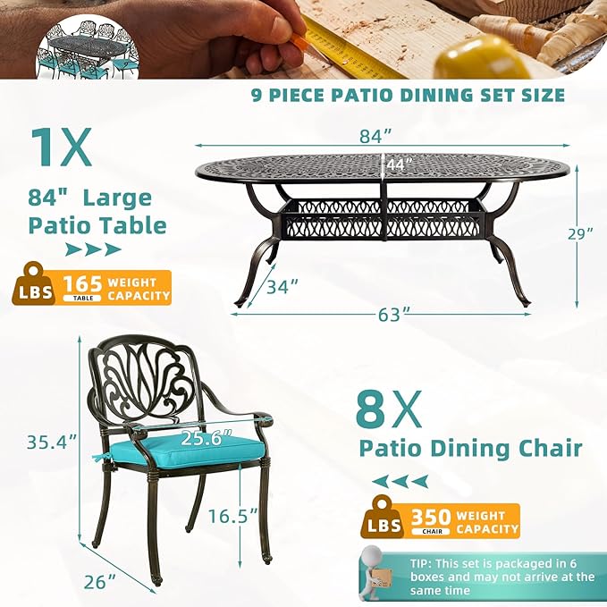 MEETWARM 9-Piece Outdoor Patio Dining Set, 8 Outdoor Dining Cushioned Chairs and 1 Oval Table with 2" Umbrella Hole, All Weather Cast Aluminum Patio Funiture Set for Backyard, Ocean Blue