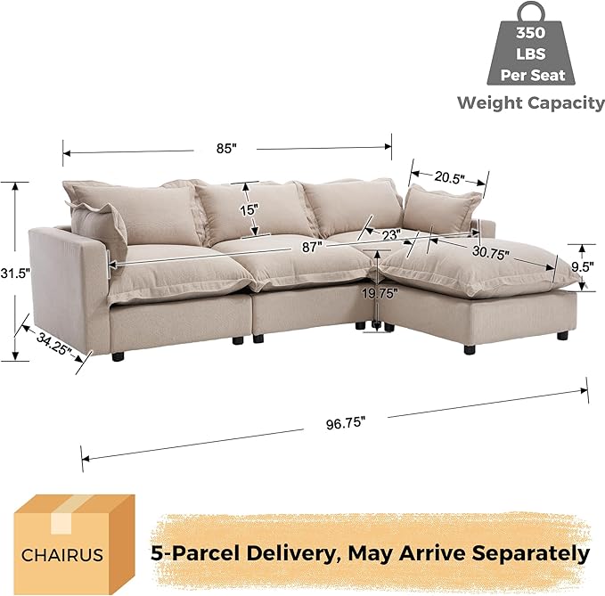 chairus 97" Modular Sectional Sofa with Moveable Ottoman Upholstered Deep Seat Linen Couch Set with Soft Pillows L-Shape Sofa Couch for Living Room, Apartment, Reception Room, 3-Seater/Oatmeal