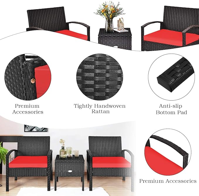 COSTWAY Rattan Patio Furniture Set 3 Pieces, Wicker Conversation Set with Tempered Glass Coffee Table, Seat Cushions, Outdoor Chair Wicker Sofa for Backyard Balcony Porch Poolside, Red