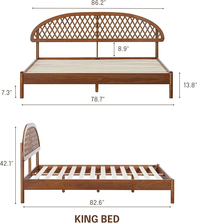 NTC Gem Wooden Bed Frame with Headboard, Crafted from Walnut, Rubber Wood with Silent Slats and Wood Central Supports, 1000 Lb Capacity, Effortless Assembly, King - Dark Walnut