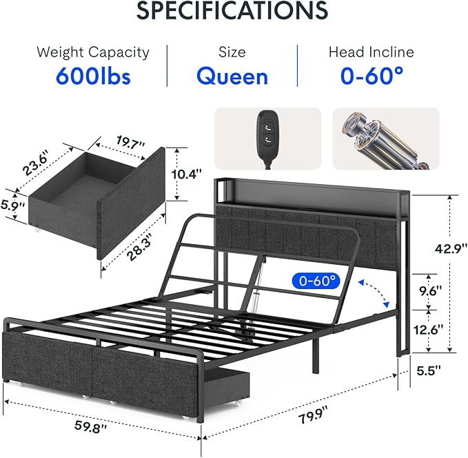 FLEXISPOT BF21Q Adjustable Bed with Storage Headboard and Charging Station, LED Light, Fabric Storage Drawers, Durable and Sturdy, No Box Spring Required, Easy Assembly.