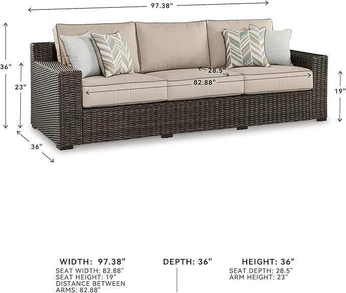 Signature Design by Ashley Coastline Bay Nuvella Weather Resistant Fabric Outdoor Sofa with Cushion and 4 Throw Pillows, Beige & Dark Brown
