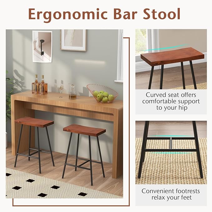 COSTWAY Industrial Bar Stools, 24-inch Backless Counter Height Saddle Stools with Footrest, Metal Legs, Adjustable Foot Pads, Barstools for Kitchen Island Cafe Restaurant, Walnut+Black (Set of 2)