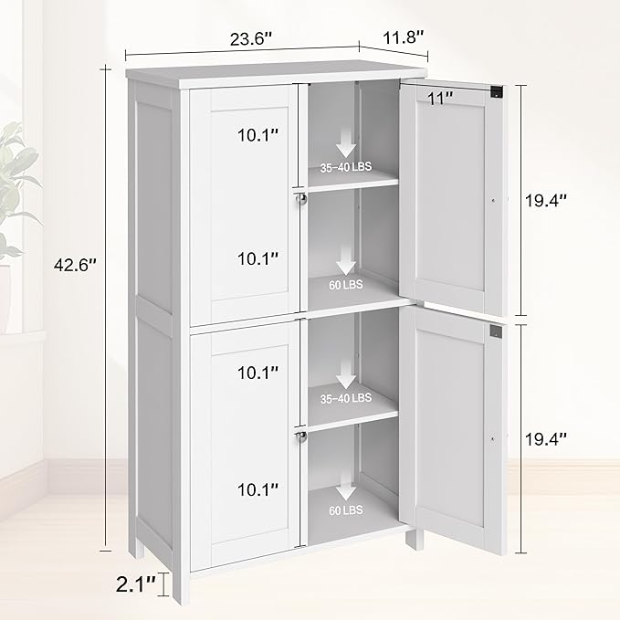 Nuturelly Bathroom Floor Storage Cabinet, Bathroom Organizers and Storage with Top Board & Metal Handles for Kitchen, White