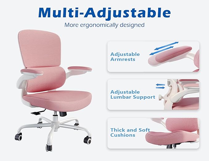 TRALT Ergonomic Office Chair - Desk Chair with Adjustable Lumbar Support Computer Chair - Mesh Comfy Chair with Flip-up Armrests - Gaming Chairs for Adults Home Office (Leather, Pink)