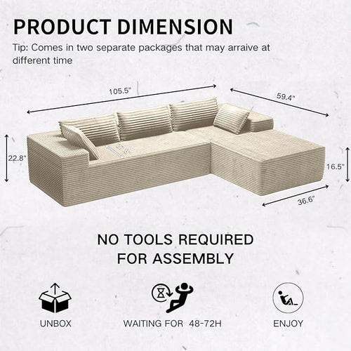 105" Modular Sectional Sofa L-Shape Chaise, Modular Cloud Couch Sofa with Deep Seat, Upholstered Couches for Living Room Bedroom No Assembly Required (Beige)