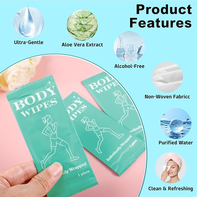 200 Pack Body Wipes Individually Wrapped, Shower Wipes For Adults, No Rinse Bath Wipe Bulk, Cleansing Wipe Travel Size for Travel, Gym, Camping, Outdoors Sports (Green)