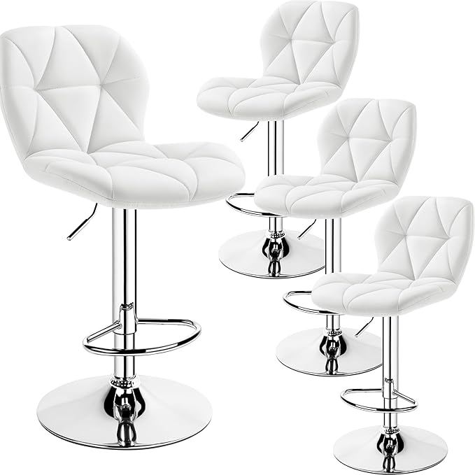 Yaheetech Bar Stools Set of 4, Adjustable PU Leather Swivel Barstools, Modern Counter Stools with Back and Footrest, Counter Height Barstools for Bar, Kitchen, Dining Room, White