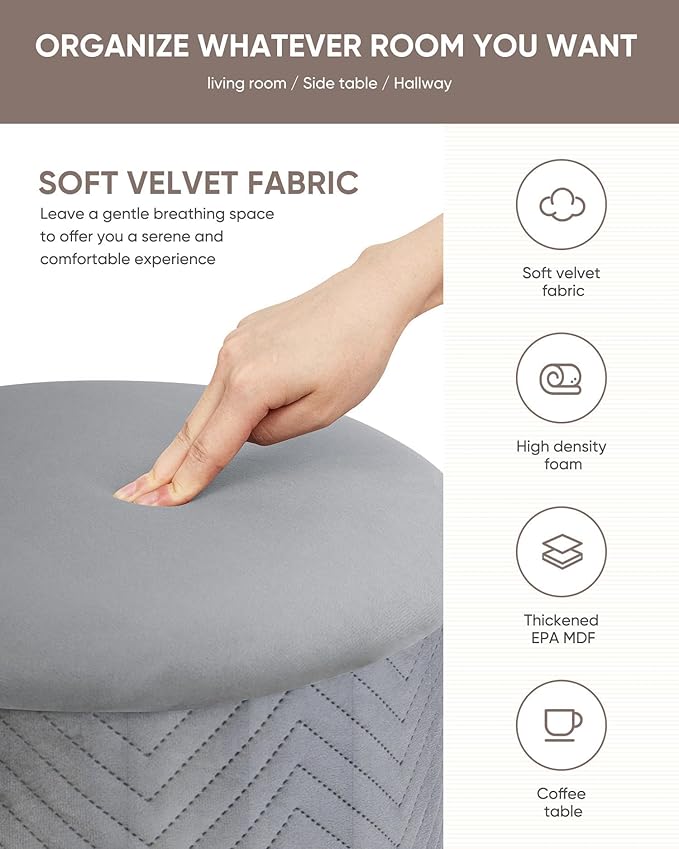 B FSOBEIIALEO Ottoman with Stroage, Round Velvet Storage Ottoman with Gold Plating Base,Foot Rest Stool for Dorm Room, Living Room Grey, 14.76"x14.76"x16.34"