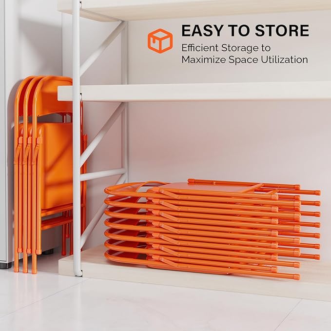 VINGLI Folding Chairs All Steel Metal Frame, Capacity 350 lbs, Durable Portable and Versatile for Indoor Outdoor Use, Orange, Set of 4