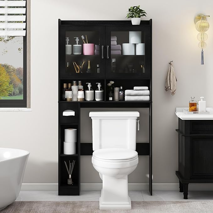 Over-The-Toilet Storage Cabinet, Farmhouse Style with 2 Acrylic Waves Doors, Space-Saving Home Storage Rack for Restroom, Bathroom and Laundry Room.Black.