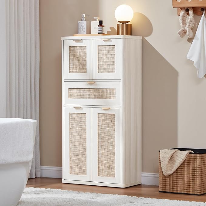 LEYAOYAO 48" Tall Storage Cabinet,Rattan Bathroom Floor Cabinets with 2 Doors & 1Drawer,Boho Kitchen Pantry with Adjustable Shelves,Wooden Cupboard for Living Room,Home Office,Dining,White Cream Oak