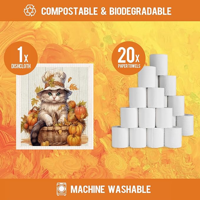 Morigins Swedish Dishcloths for Kitchen,6 Pack Fall Pumpkin Cat Swedish Dish Towels,Cellulose Sponge Cloths,Non Scratch Reusable Paper Towels, Biodegradable and Reusable Kitchen Dish Rags
