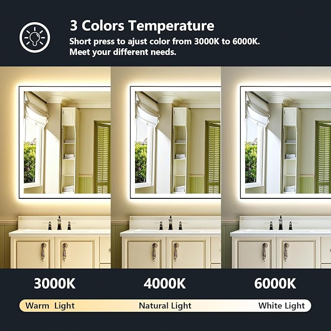 66x40 Inch LED Bathroom Mirror with Lights (Front Lit and Backlit) Black Framed Lighted Vanity Mirror for Bathroom Wall Dimmable Anti-Fog Memory Tempered Glass Horizontal/Vertical