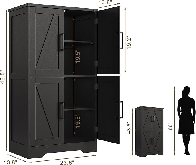 Treocho Bathroom Floor Cabinet, Farmhouse Bathroom Storage Cabinet with Doors and Adjustable Shelves, Freestanding Kitchen Pantry Cabinet, Cupboard for Living Room, Dining Room, Black