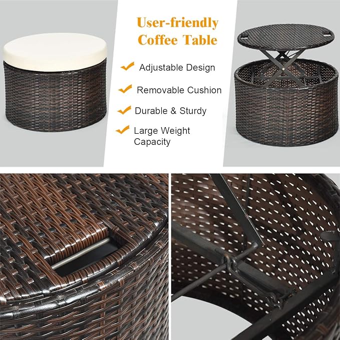 COSTWAY Patio Round Daybed with Retractable Canopy, Wicker Furniture Sectional Couch with Separate Cushioned Seats, Adjustable Table Top, Patio Rattan Daybed Sofa for Backyard, Poolside, White