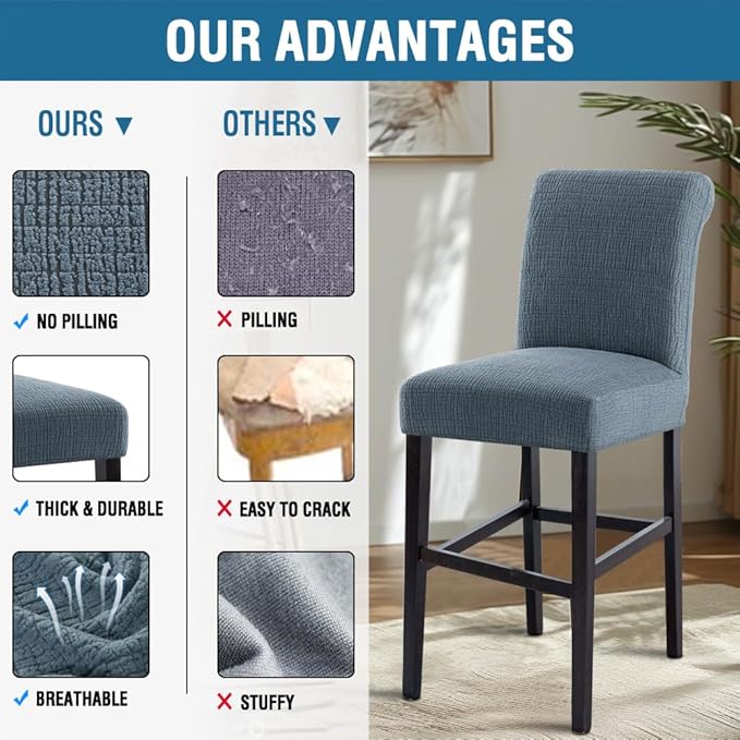 H.VERSAILTEX 100% Waterproof High Chair Cover Dining Chair Seat Covers Stretch Bar Stool Covers Removable Counter Stool Pub Chair Slipcover Chair Covers Jacquard Crizzle Pattern Set of 2, Stone Blue