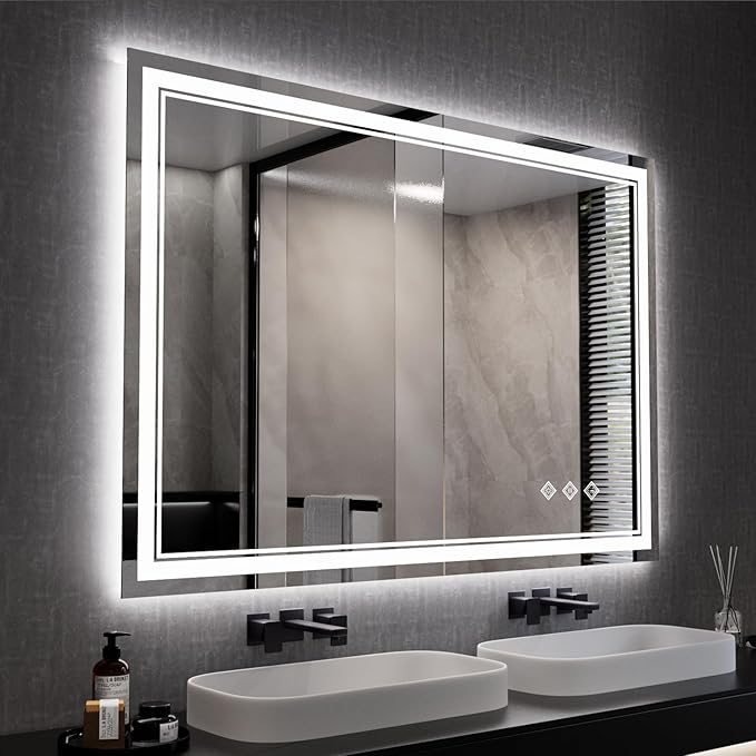 Bathroom Mirror, 44x30 Inch Gradient Front and Backlit Smart Mirror, 3 Colors Dimmable CRI>90 Double Lights, IP54 Enhanced Anti-Fog, Hanging Plates Wall Mount LED Mirror