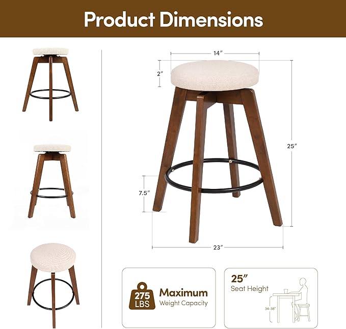 Swivel Premium Solid Wood Counter Stool 25", 360° Rotating Upholstered Cushion, Backless Bar Chair for Island, Pub, Kitchen, Dining Room (Walnut)