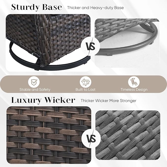 HUMMUH Outdoor Rocking Chair-Outdoor Swivel Chairs Set of 2 with 5" Thick Cushions Wicker Patio Chairs for Deck Porch Garden Poolside Backyard-Grey/Grey