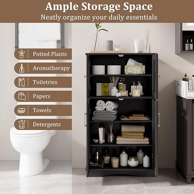 Giantex Bathroom Floor Storage Cabinet - Linen Floor Cabinet with Doors and Adjustable Shelves, Freestanding Side Storage Organizer for Bathroom, Living Room, Entryway, Kitchen Storage Unit (Black)