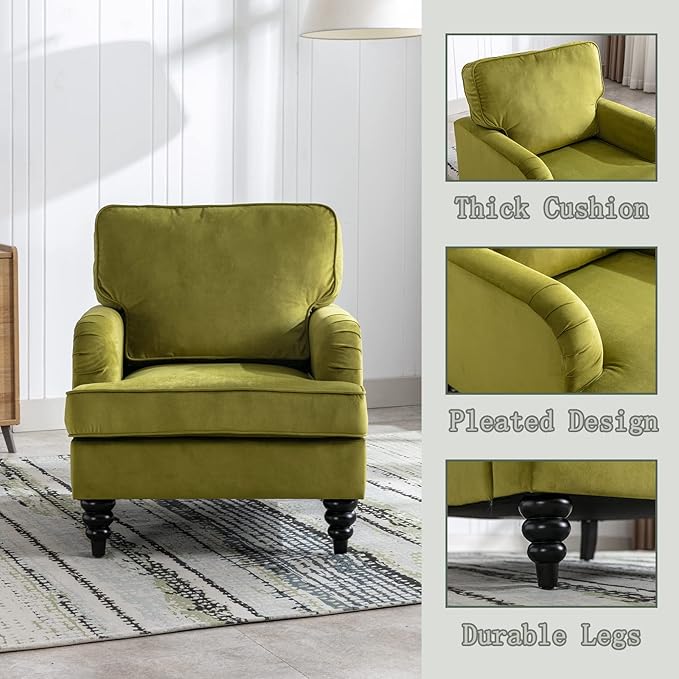 Velvet Upholstered Accent Chairs Set of 2 Modern Single Sofa Chair with Thick Removable Back Cushion and Black Printed Legs Armchair for Living Room/Bedroom/Reading, Olive Green