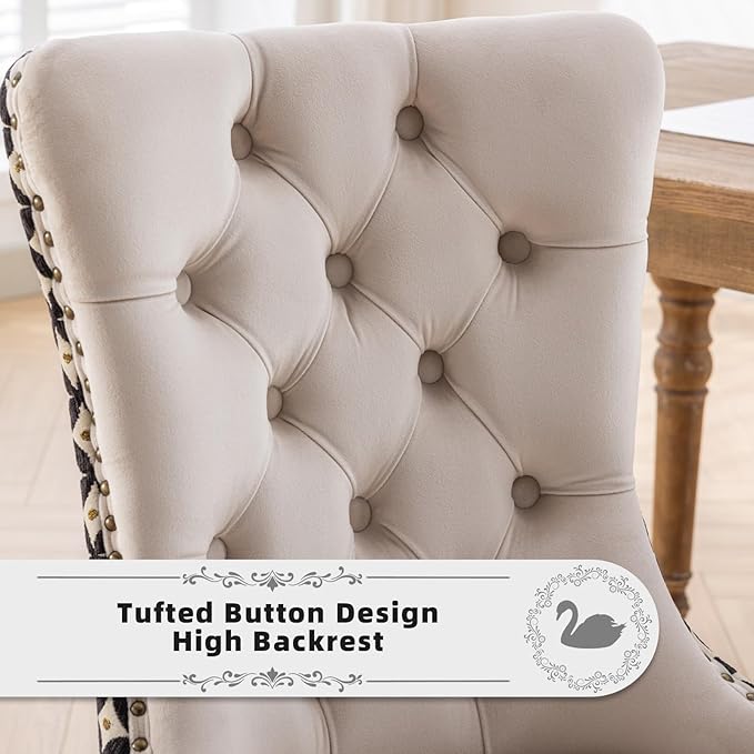 Velvet Upholstered Dining Chairs Set of 2, Modern Style Kitchen Side Chairs with Nailhead Trim and Wood Legs,Metal Pulling Ring for Dining Room Living Room(Quadrangular Star&Beige)