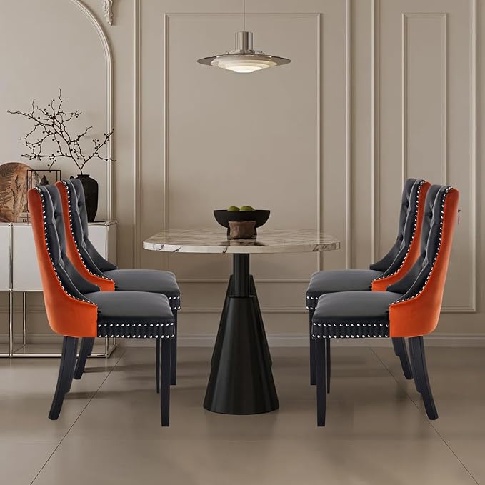 Pu Upholstered Dining Chairs Set of 4, Modern Style Kitchen Side Chairs with Nailhead Trim and Wood Leg, Metal Pulling Ring for Dining Room Living Room(Black&Orange,Set of 4)