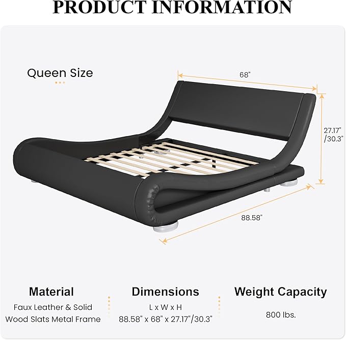 SHA CERLIN Queen Size Upholstered Bed Frame, Deluxe Low Profile Sleigh Bed with Faux Leather Ergonomics Headboard, No Box Spring Needed & Easy Assembly, Black