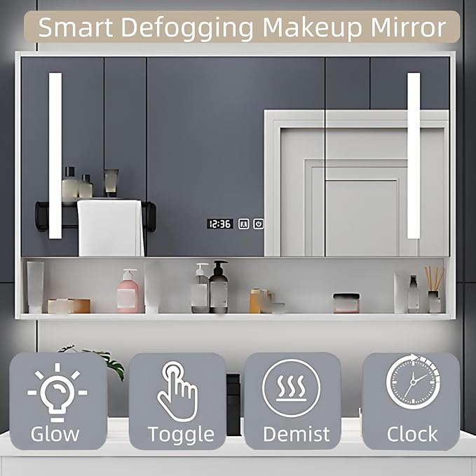 52IN Modern Bathroom Vanity - LED Intelligent Mirror Cabinet Includes Time Display & Defogging | Bathroom Cabinet with Sink & Open Storage Compartments, Ceramic Washbasin, 4 Drawers (Style A)