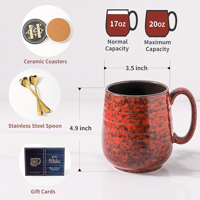 HASENSE Ceramic Coffee Mug Set of 2, 20 Oz Tea Cups for Women and Men, Handmade Large Latte Mugs with Handle, Gift Box with Coaster & Gold Spoon, Perfect for Christmas Thanksgiving, Blue & Red