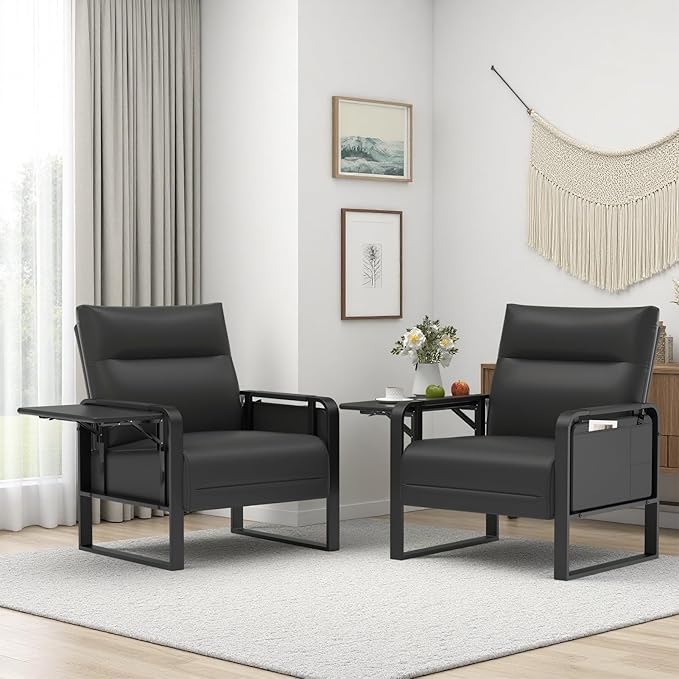 Upholstered Accent Sofas Set of 2, Modern Faux Leather Sofa Chairs with Foldable Side Tray Table & Storage Pocket, Small Accent Sofas for Living Room, Bedroom, Black