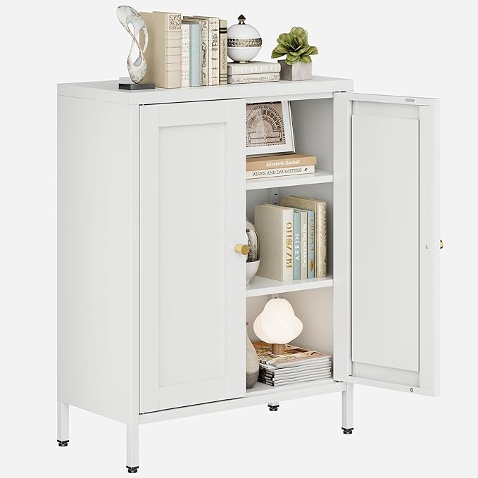 31.5"H Metal Bathroom Cabinet,Short Bathroom Storage Cabinet with Doors,Floor Locker,White Small Cabinets with 2 Adjustable Shelves & 4 Doors,Pantry Food Cabinet for Hallway,Home Office, Kitchen