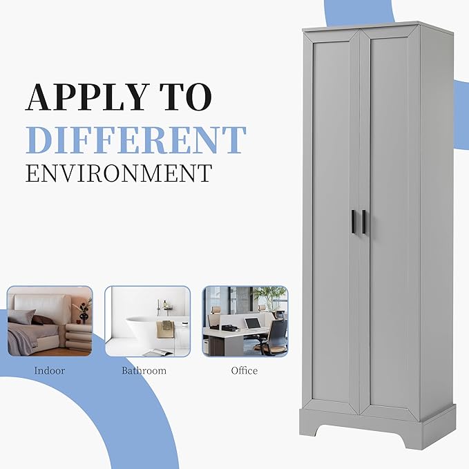 Tall Freestanding Storage Cabinet, Multi-Purpose Floor Organizer with 2 Doors & 5 Adjustable Shelves for Bathroom, Office, Living Room, Grey