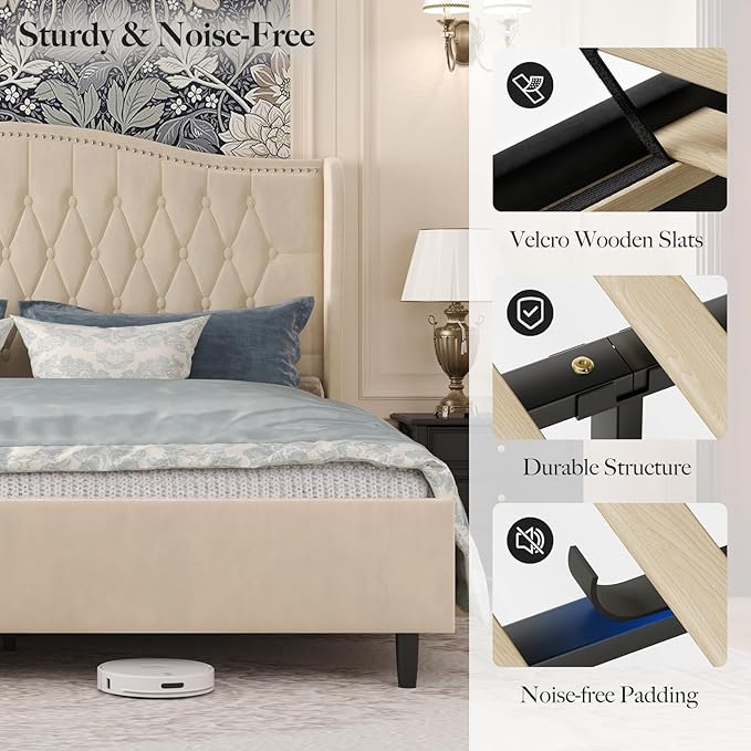 Belffin King Bed Frame and Headboard, Luxury Upholstered Velvet Platform Bed with Wingback, Button Tufted & Nailhead Trim, Anti-Slide Tall Footboard, No Box Spring Needed, Noise-Free, Beige