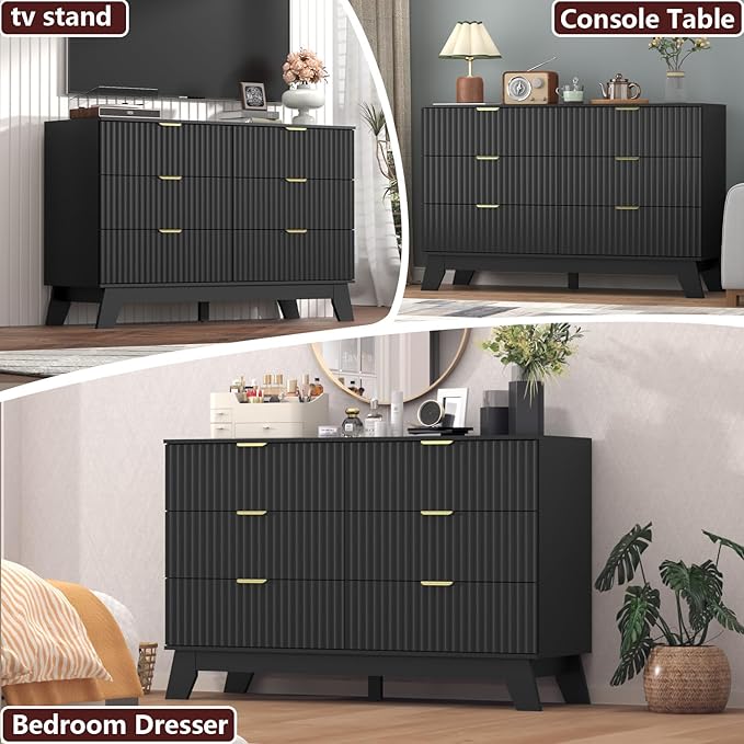 Fluted Dresser for Bedroom,6 Drawer Dresser for Closet,Storage Cabinet and Chest of Drawers with Gold Handle,TV Stand,Storage Organizer for Living Room,Hallway,Entryway,Black