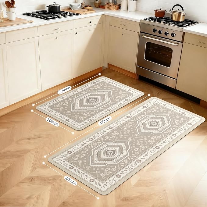 ArtyCozy 2 Piece Boho Kitchen Rug Set, Non-Slip Super Absorbent Kitchen Mats for Floor with Rubber Backing, Stain Resistant Runner for Hallway Laundry Holiday Decor, Khaki, 20" × 32'' Plus 20'' × 47''