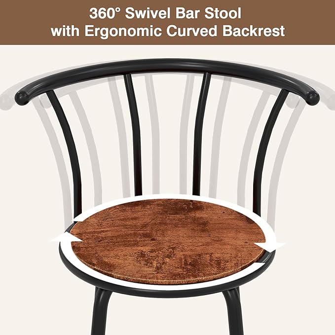 VECELO Bar Stools Set of 2, Swivel Counter Stools with Backrest, Bar Height Stools for Dining Room, Kitchen Island, Pub, Easy Assembly, Dark Brown
