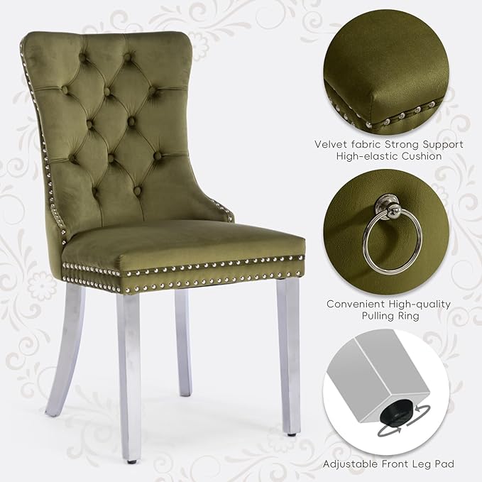 Velvet Upholstered Dining Chairs Set of 4, Modern Kitchen Side Chairs with Nailhead Trim and Silver Plated Leg, Metal Pulling Ring for Dining Room Living Room(Olive Green-Silver Plated Leg)