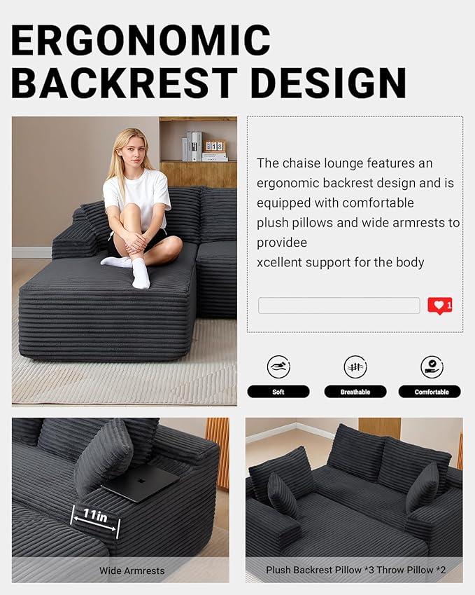 108 Inch Cloud Sectional Couch,Modern Modular Sectional Sofa with Deep Seat,Corduroy Boneless Couches with L-Shape Chaise for Living Room,No Assembly Required (Black, Right Facing Chaise + Ottoman)