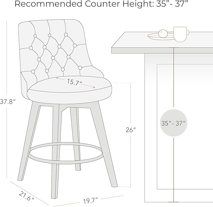 Watson & Whitely Counter Height Bar Stools Set of 3, Performance Fabric Upholstered Modern Swivel Barstool with Back, Solid Wood Legs, 26" H Seat, Flint Grey