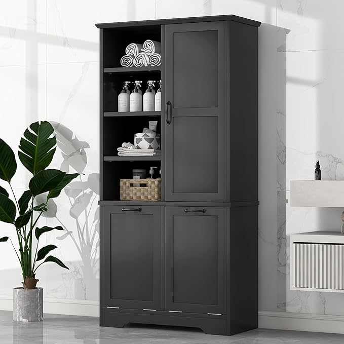 Tall Laundry Cabinet with 2 Tilt Out Hamper, Wood Bathroom Storage Cabinet with Doors and Adjustable Shelves Freestanding (Black)