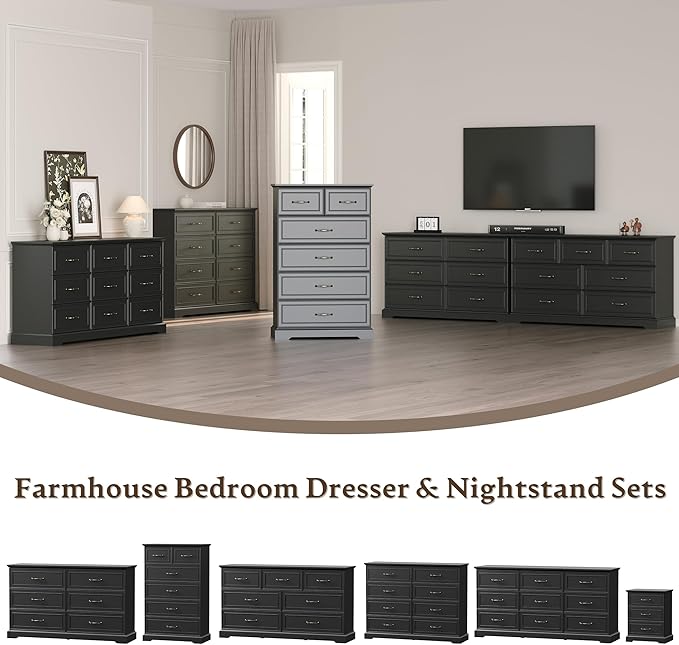Farmhouse 9 Drawers Dresser for Bedroom, 63" Wide Modern Chest of Drawers with Deep Drawers & Bar Handles, Rustic Wood Dresser TV Stand, Wooden Closet Storage Organizer for Living Room, Hallway, Black