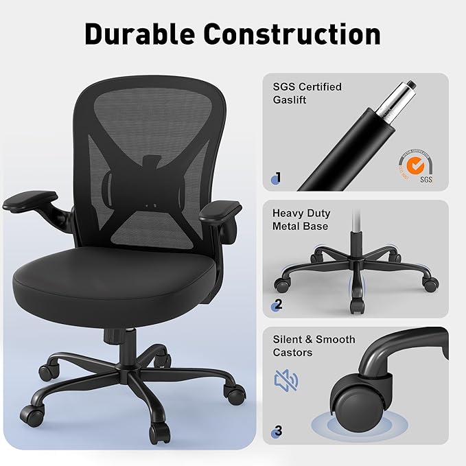 ZZH Ergonomic Office Chair with Adjustable Lumbar Support, Mesh Home Office Desk Chair with Wheels and Flip-up Arms, Black