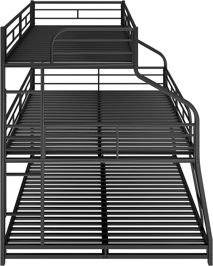 Twin XL/Full XL/Queen Triple Bunk Bed with Long and Short Ladder & Full-Length Guardrails,3 Bed Frame in 1 w/Stairs,Easy Assembly,for Adult Kid Boy Girl Teen,Black